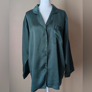 100% Silk Pajama Top Button-Up Dark Green Long Sleeve